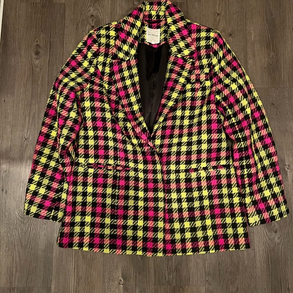 Avec Les Filles Jackets & Blazers - Avec Les Filles Neon Pink, Yellow & Black Plaid Blazer
